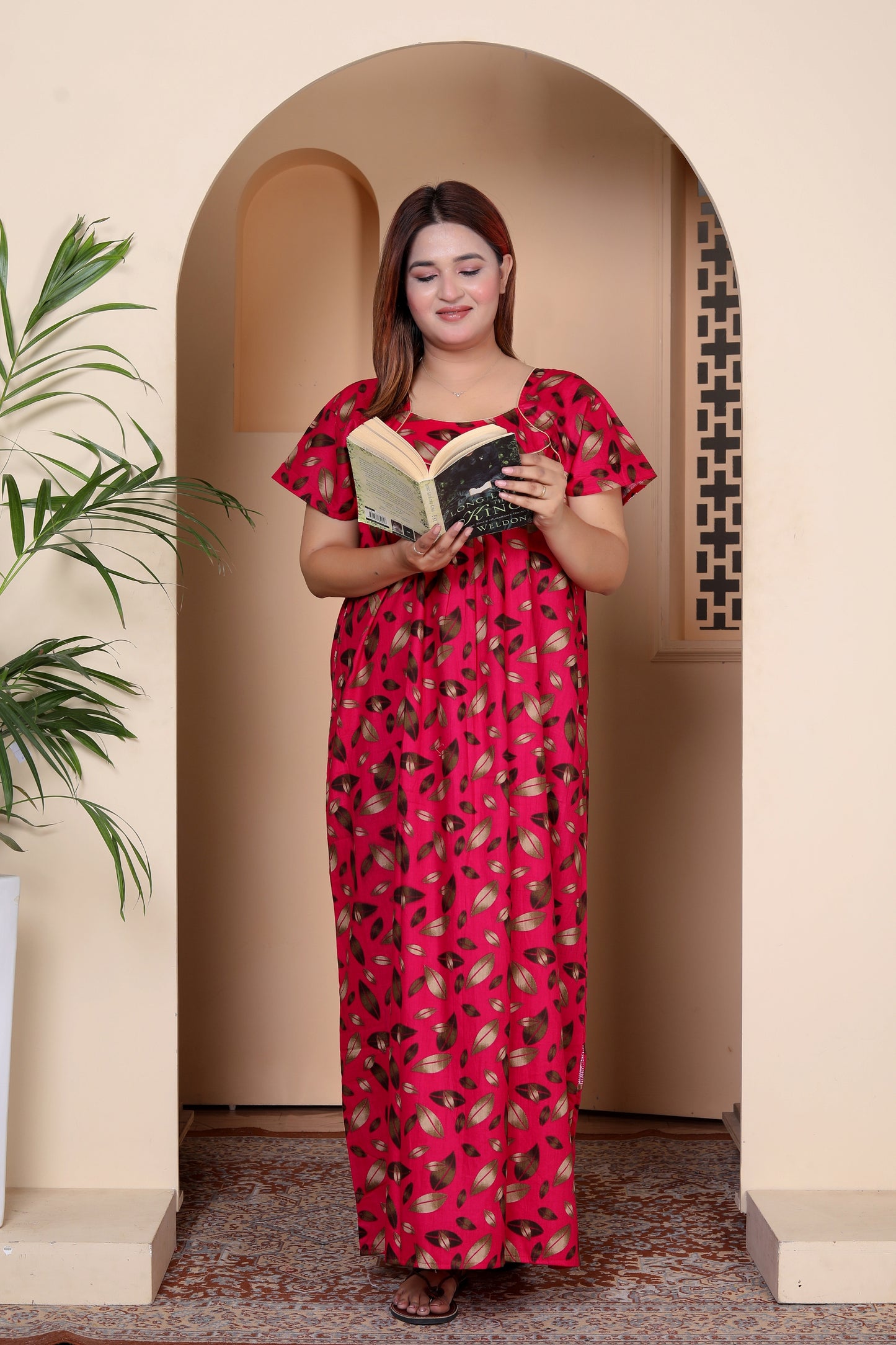 Short Sleeves Nightgown for Women, Cotton, Full Length,  (XL, Navy Blue, Dark Pink)