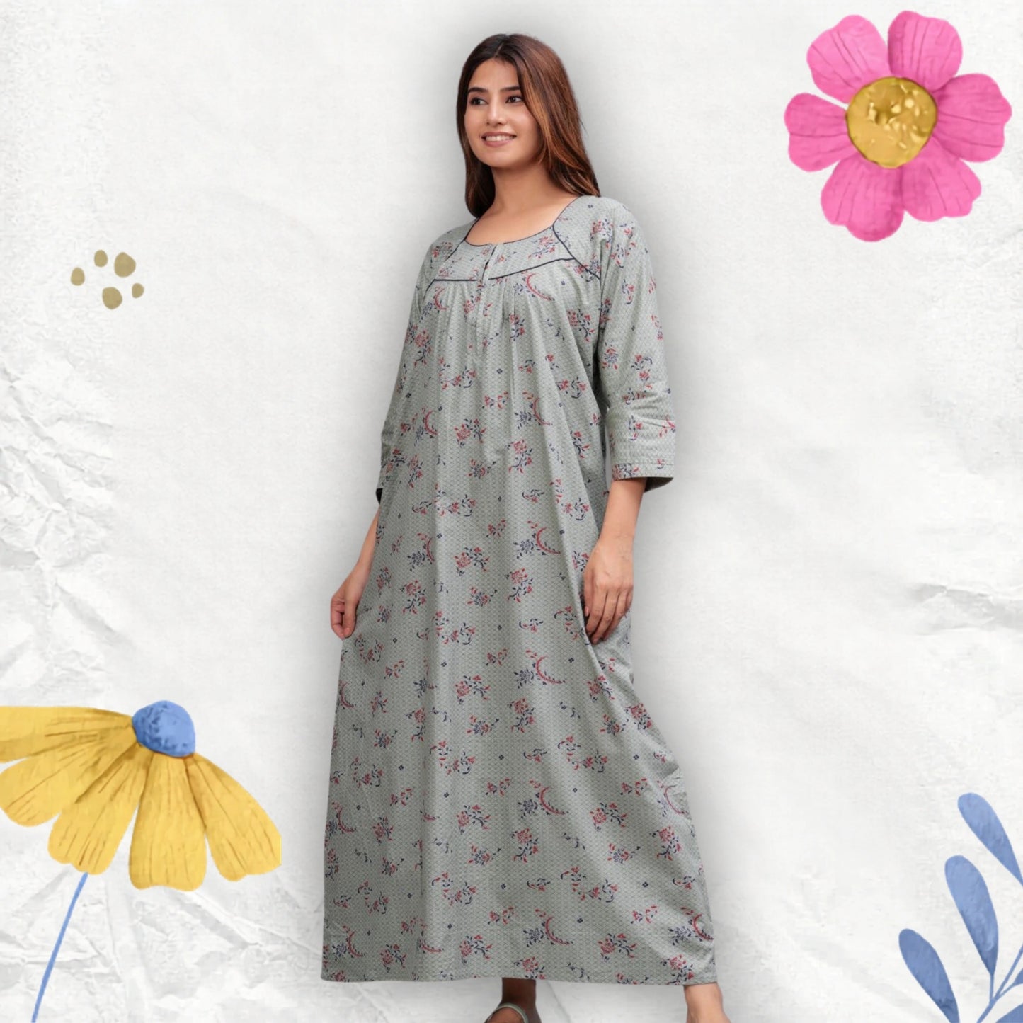 Cotton Full Sleeves Nightgown for Women (Cardamom Grey, XL)