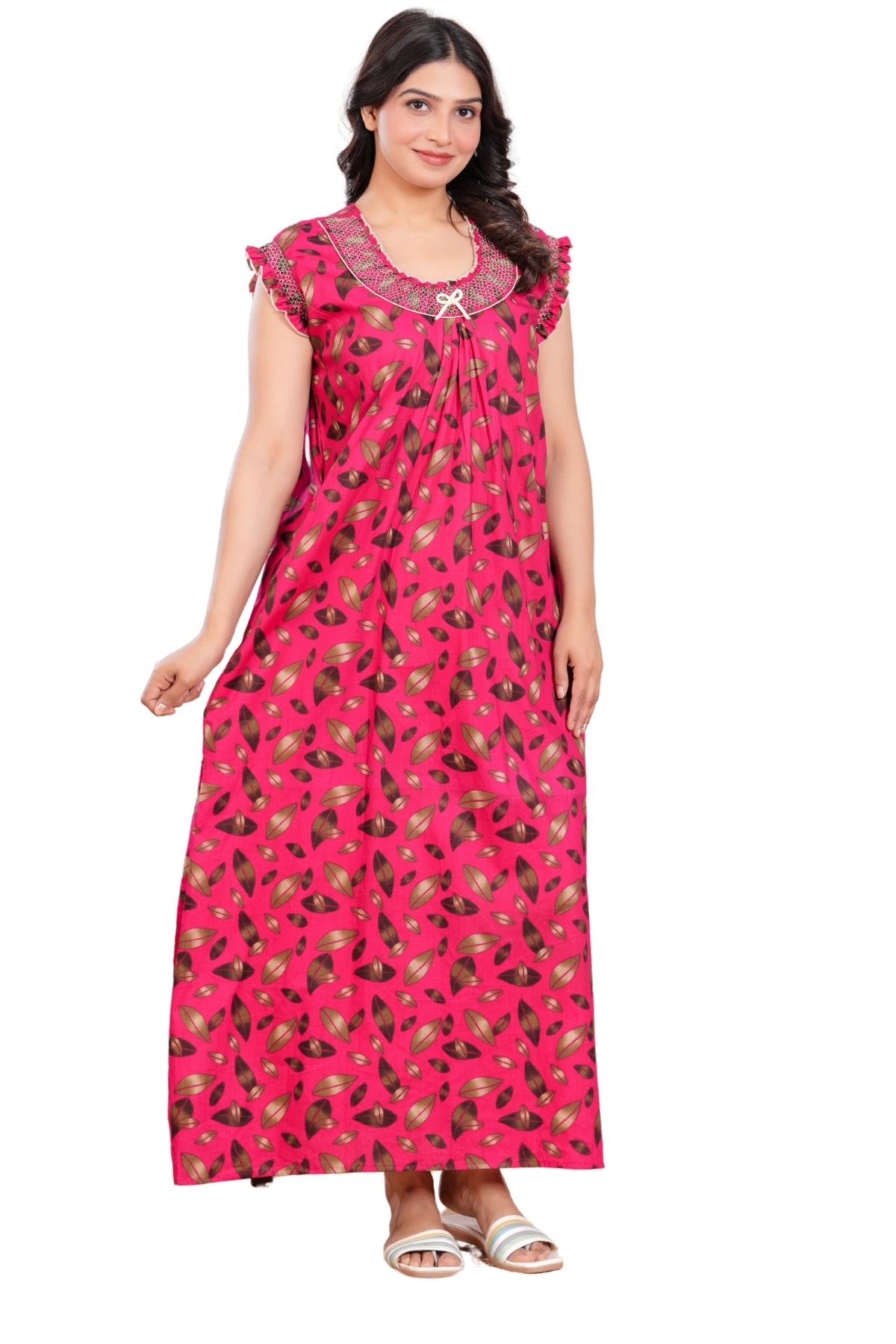 HARGUN NIGHT WEAR Women's Elegant Cotton Nightgown with Pocket & Embroidered Neck Design (Raani Pink, Free Size)