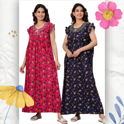HARGUN Cotton Nightgown, Floral Print, Short Flutter Sleeves, Navy Blue and Gold, Full Length with Pockets (Combo, Free Size)