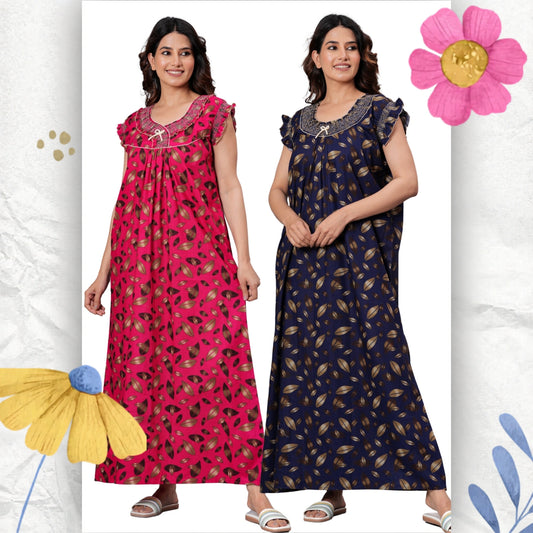 HARGUN Cotton Nightgown, Floral Print, Short Flutter Sleeves, Navy Blue and Gold, Full Length with Pockets (Combo, Free Size)