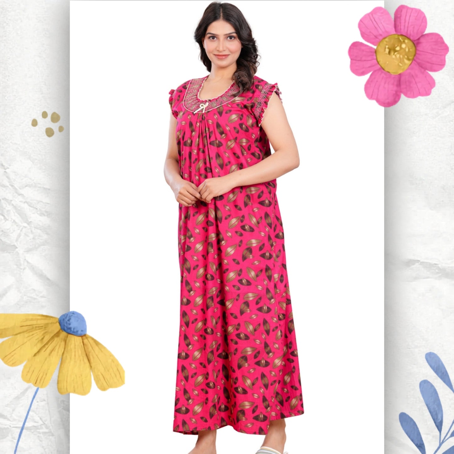 HARGUN NIGHT WEAR Women's Elegant Cotton Nightgown with Pocket & Embroidered Neck Design (Raani Pink, Free Size)