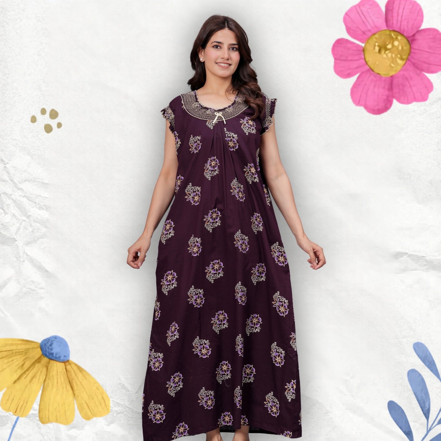 HARGUN NIGHT WEAR Cotton Nightgown for Women | Stylish Nighty Maxi Nightwear Floral Gown for Women Night Wear with Pocket (Purple, XL)