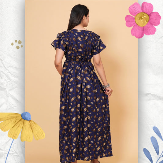 HARGUN NIGHT WEAR Women's Elegant Cotton Nightgown with Pocket & Embroidered Neck Design (Navy Blue, Free Size)