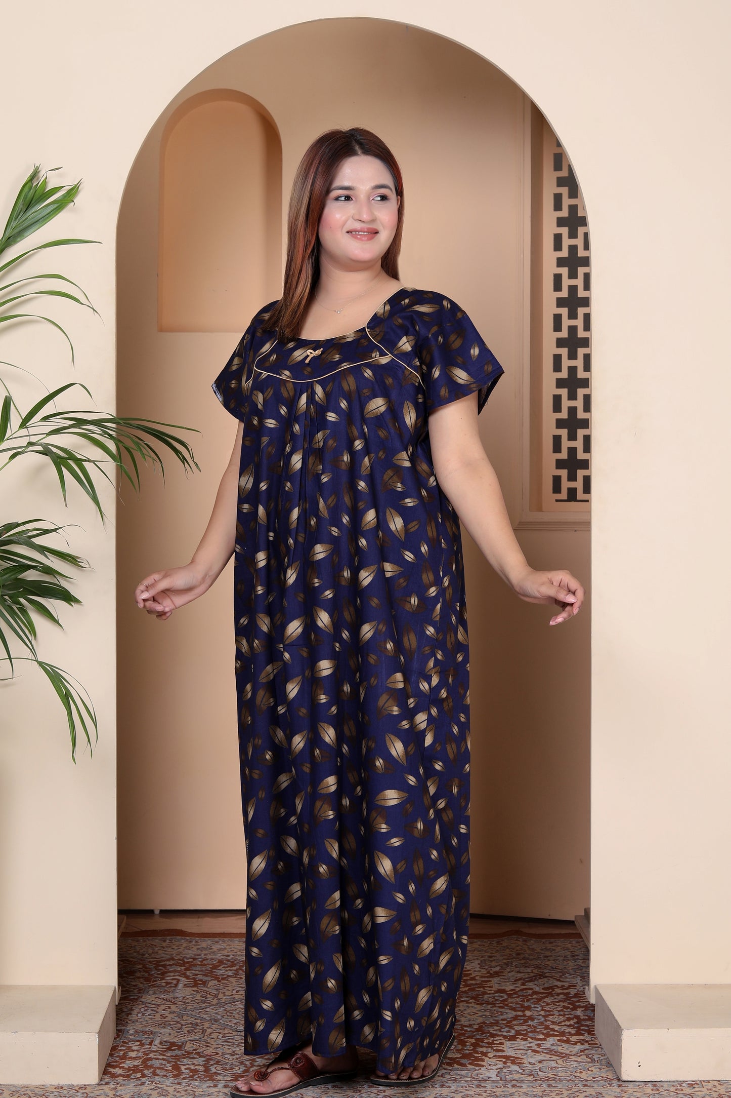 Short Sleeves Nightgown for Women, Cotton, Full Length,  (XL, Navy Blue, Dark Pink)