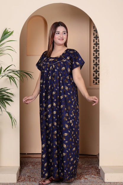 Short Sleeves Nightgown for Women, Cotton, Full Length,  (XL, Navy Blue, Dark Pink)