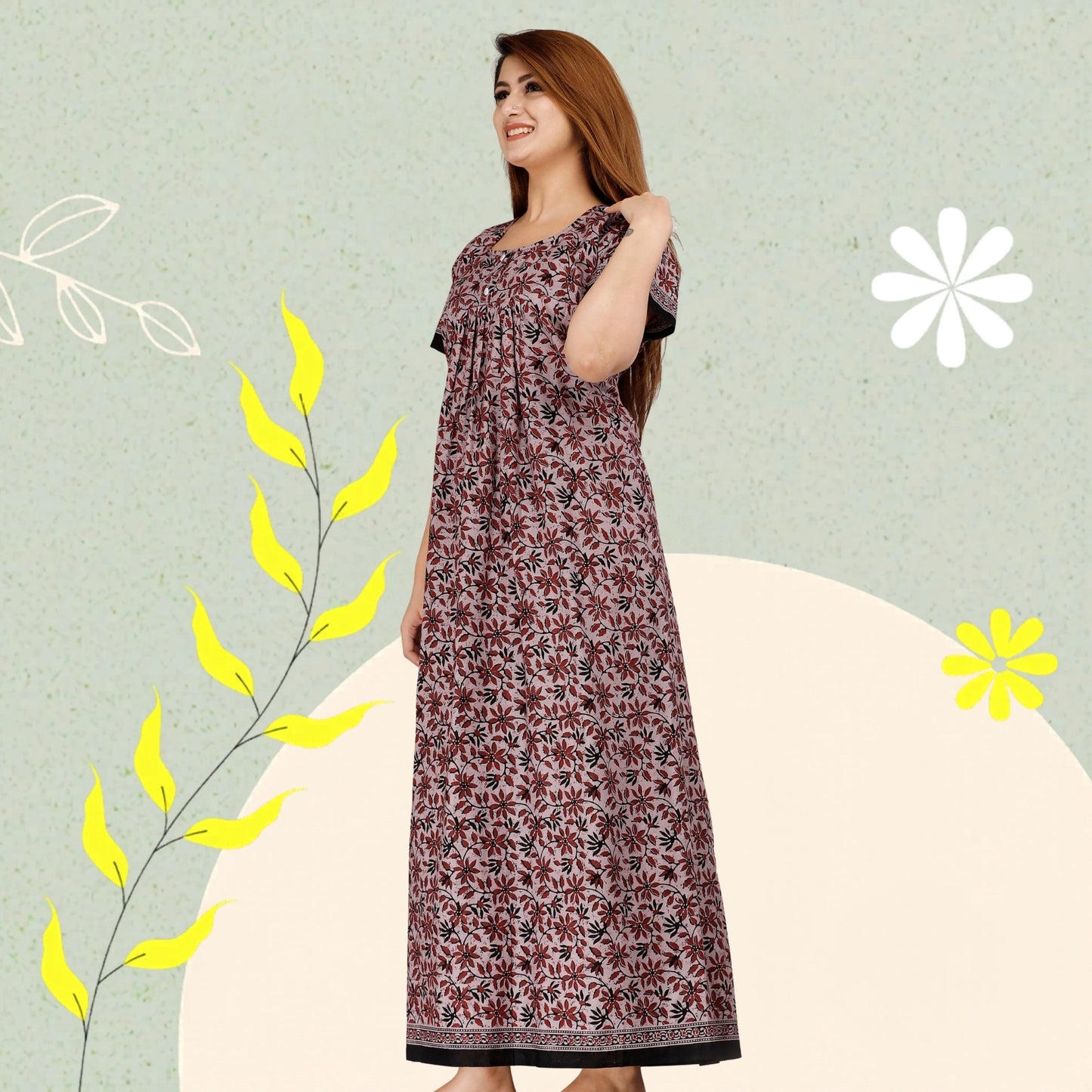 HARGUN NIGHT WEAR Women's Cotton Nightgown, Jaipuri Print Nighty, Short Sleeve, Round Neck, Pink, Free Size (Dusty Pink Leaves, Free Size)
