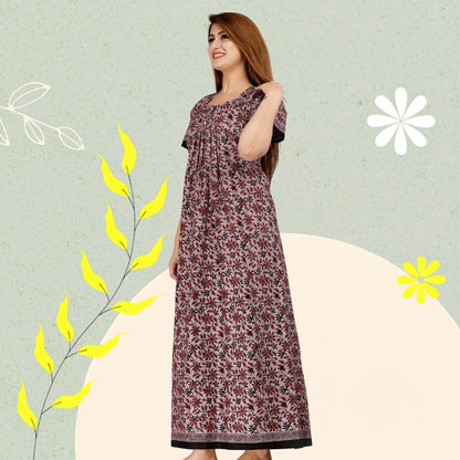 HARGUN NIGHT WEAR Women's Cotton Nightgown, Jaipuri Print Nighty, Short Sleeve, Round Neck, Pink, Free Size (Dusty Pink Leaves, Free Size)