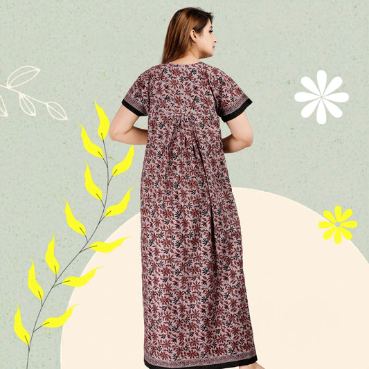 HARGUN NIGHT WEAR Women's Cotton Nightgown, Jaipuri Print Nighty, Short Sleeve, Round Neck, Pink, Free Size (Dusty Pink Leaves, Free Size)