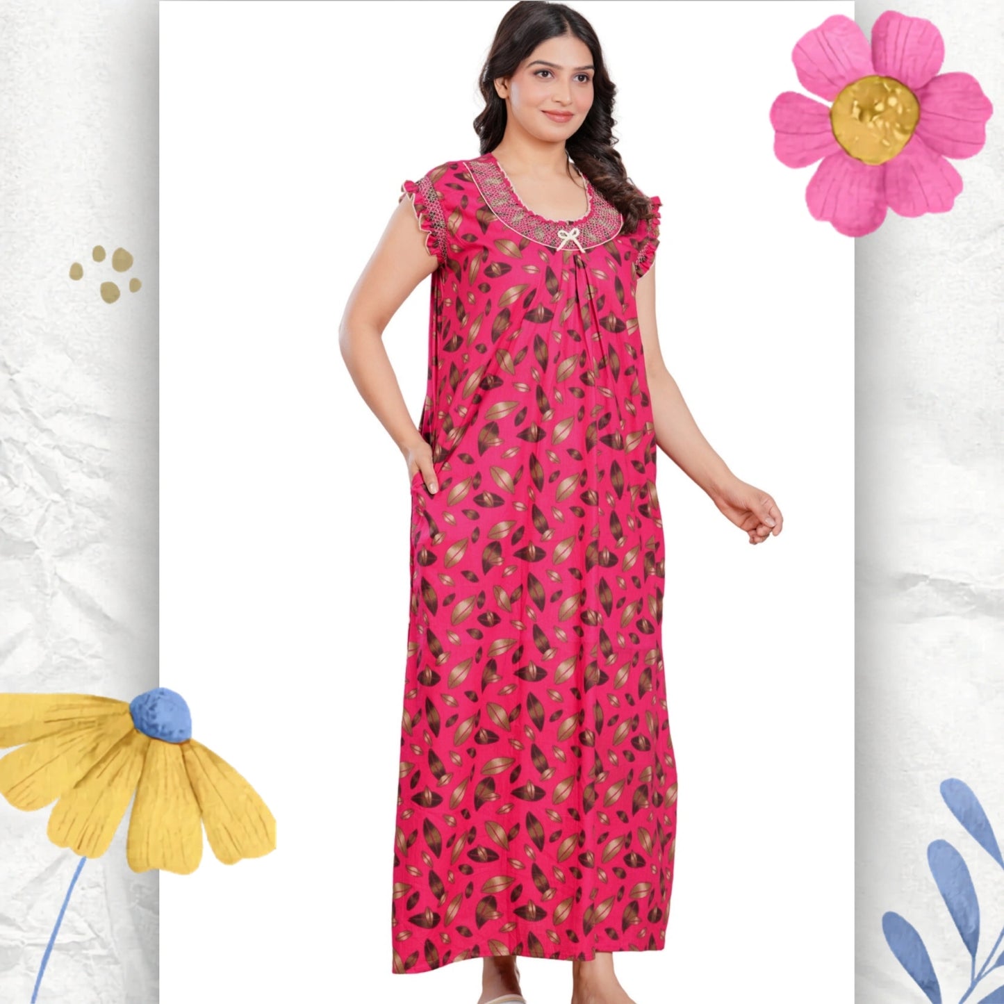 HARGUN NIGHT WEAR Women's Elegant Cotton Nightgown with Pocket & Embroidered Neck Design (Raani Pink, Free Size)
