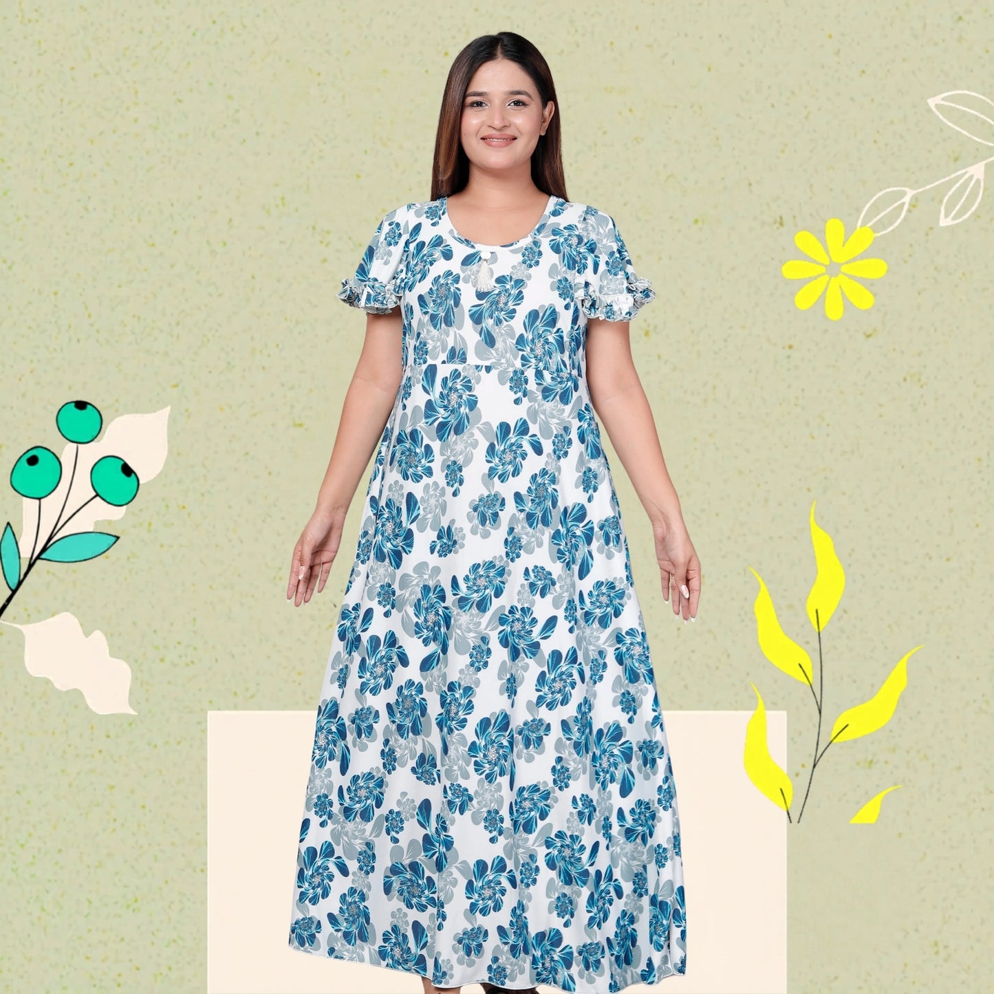 Premium Sarina Frock Style Nightgown for Women – Blue Floral Print, Full Length, Soft & Stylish Sleepwear