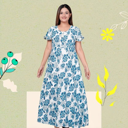 Premium Sarina Frock Style Nightgown for Women – Blue Floral Print, Full Length, Soft & Stylish Sleepwear