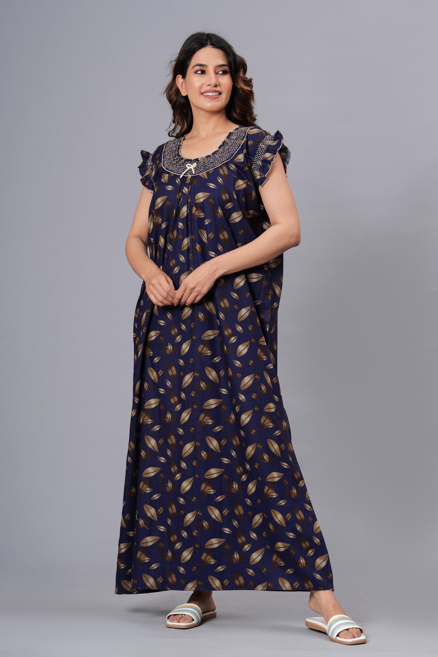 HARGUN Cotton Nightgown, Floral Print, Short Flutter Sleeves, Navy Blue and Gold, Full Length with Pockets (Combo, Free Size)
