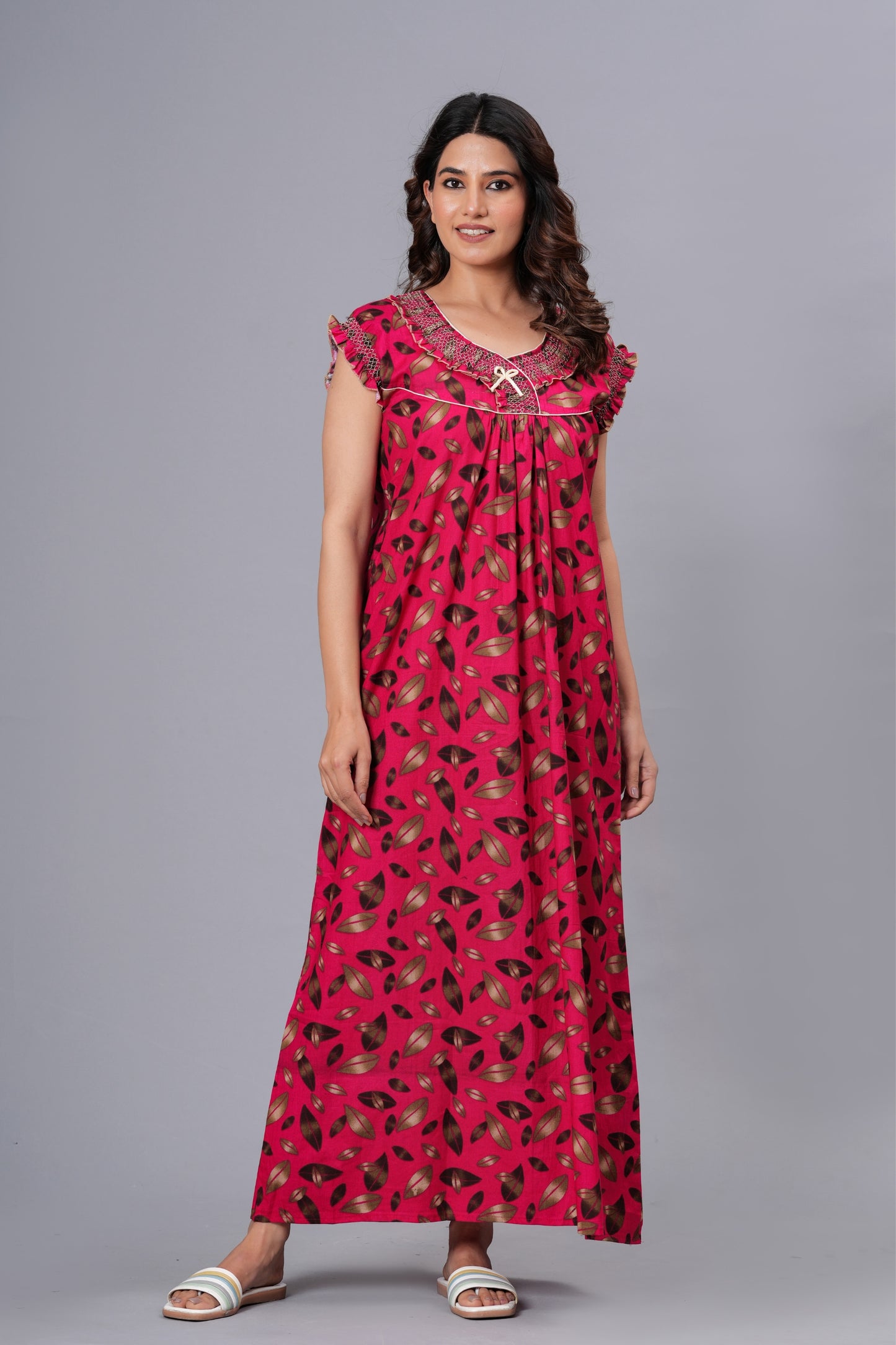 HARGUN Cotton Nightgown, Floral Print, Short Flutter Sleeves, Navy Blue and Gold, Full Length with Pockets (Combo, Free Size)