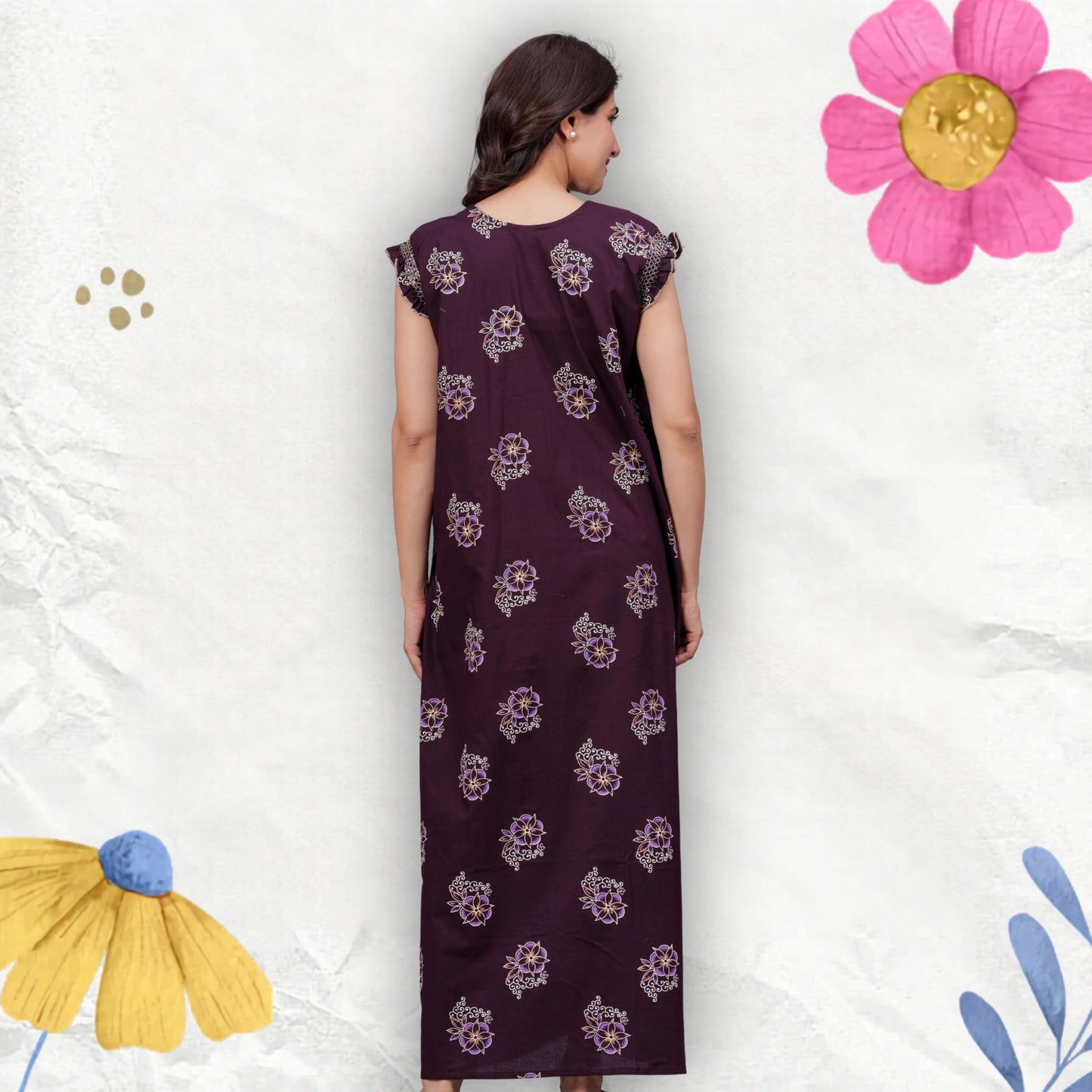 HARGUN NIGHT WEAR Cotton Nightgown for Women | Stylish Nighty Maxi Nightwear Floral Gown for Women Night Wear with Pocket (Purple, XL)