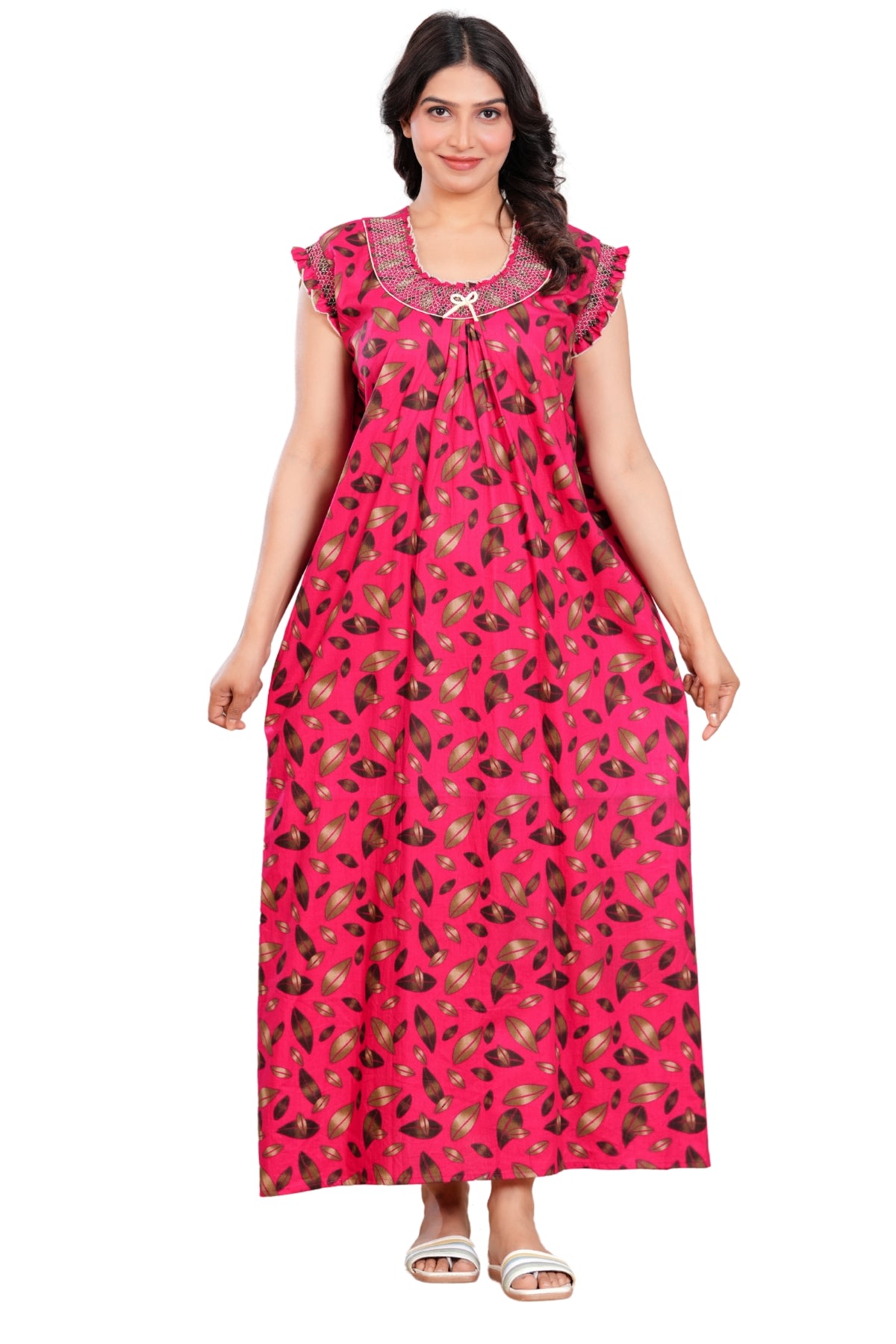 HARGUN NIGHT WEAR Women's Elegant Cotton Nightgown with Pocket & Embroidered Neck Design (Raani Pink, Free Size)