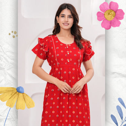 HARGUN NIGHT WEAR Frock Style Cotton Nightgown for Women | Pure Cotton Nighty/Maxi for Women | Pack of 1 (Red, XL)