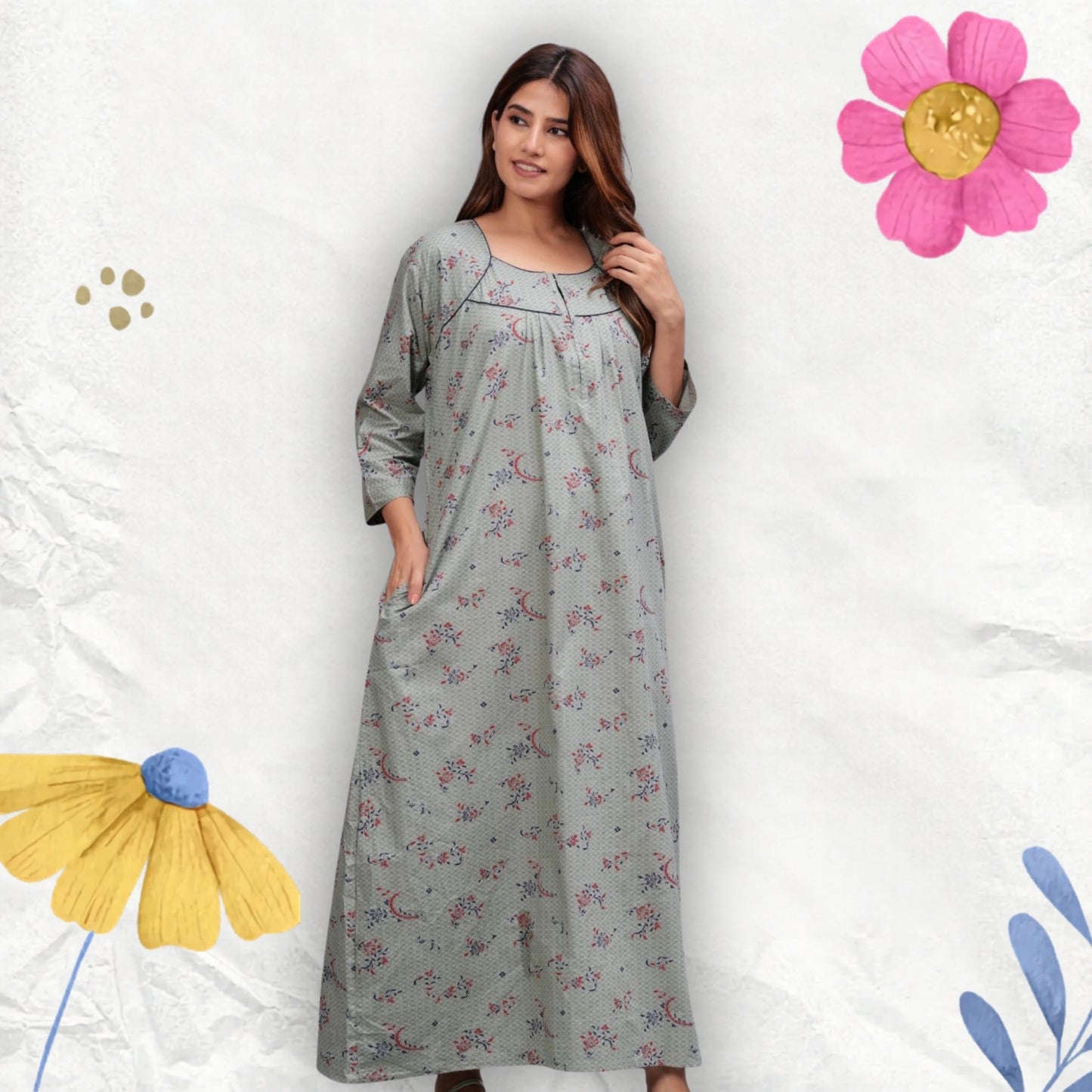 Cotton Full Sleeves Nightgown for Women (Cardamom Grey, XL)