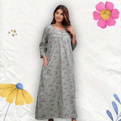 Cotton Full Sleeves Nightgown for Women (Cardamom Grey, XL)