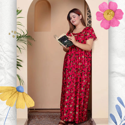 Short Sleeves Nightgown for Women, Cotton, Full Length (XL, Dark Pink)