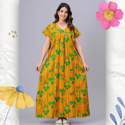 HARGUN NIGHT WEAR Women's Pure Cotton Floral Nighty | Full Length V-Neck Night Gown with Pocket | Soft & Breathable Sleepwear for Ladies Pink