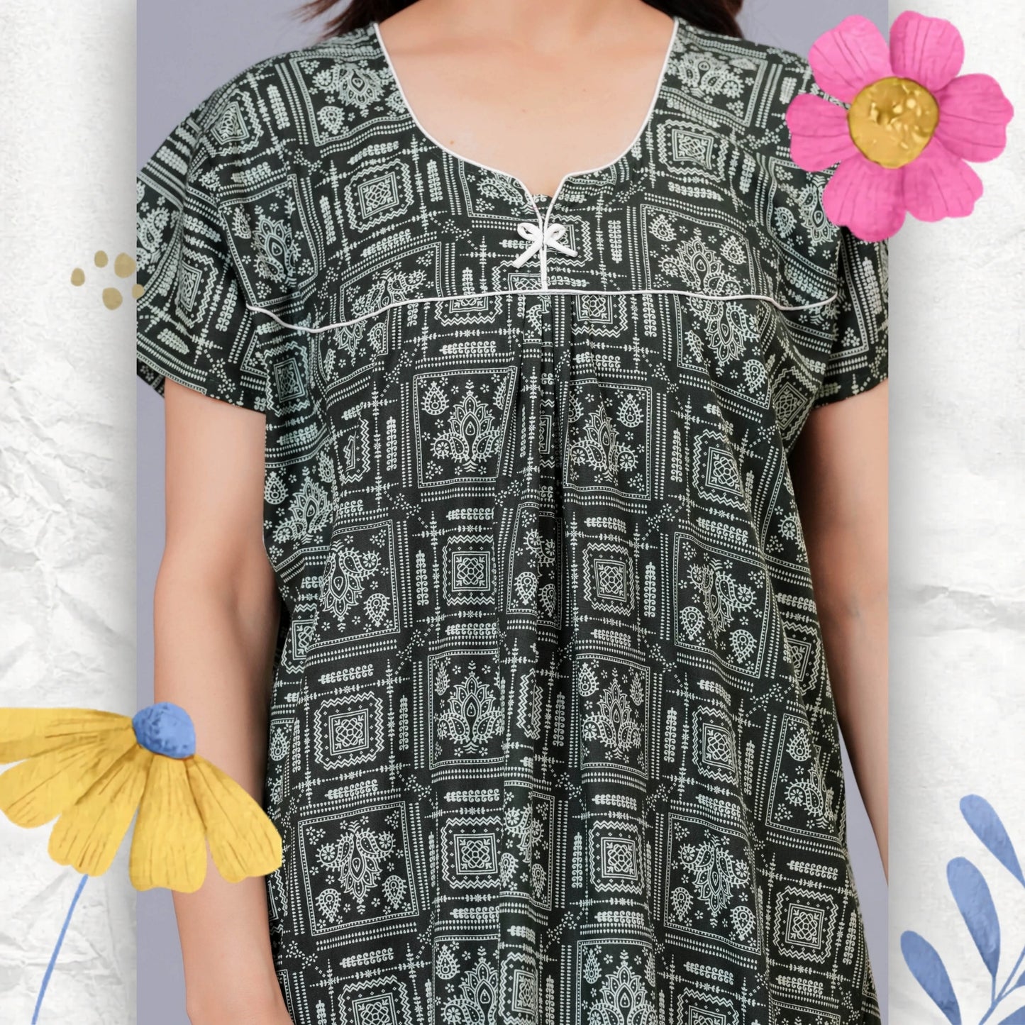 Women's Cotton Maxi Nighty, Geometric Print, Short Sleeve, Full Length Night Dress (Green, XL)