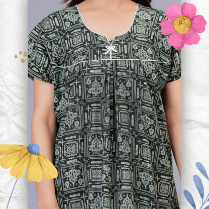 Women's Cotton Maxi Nighty, Geometric Print, Short Sleeve, Full Length Night Dress (Green, XL)