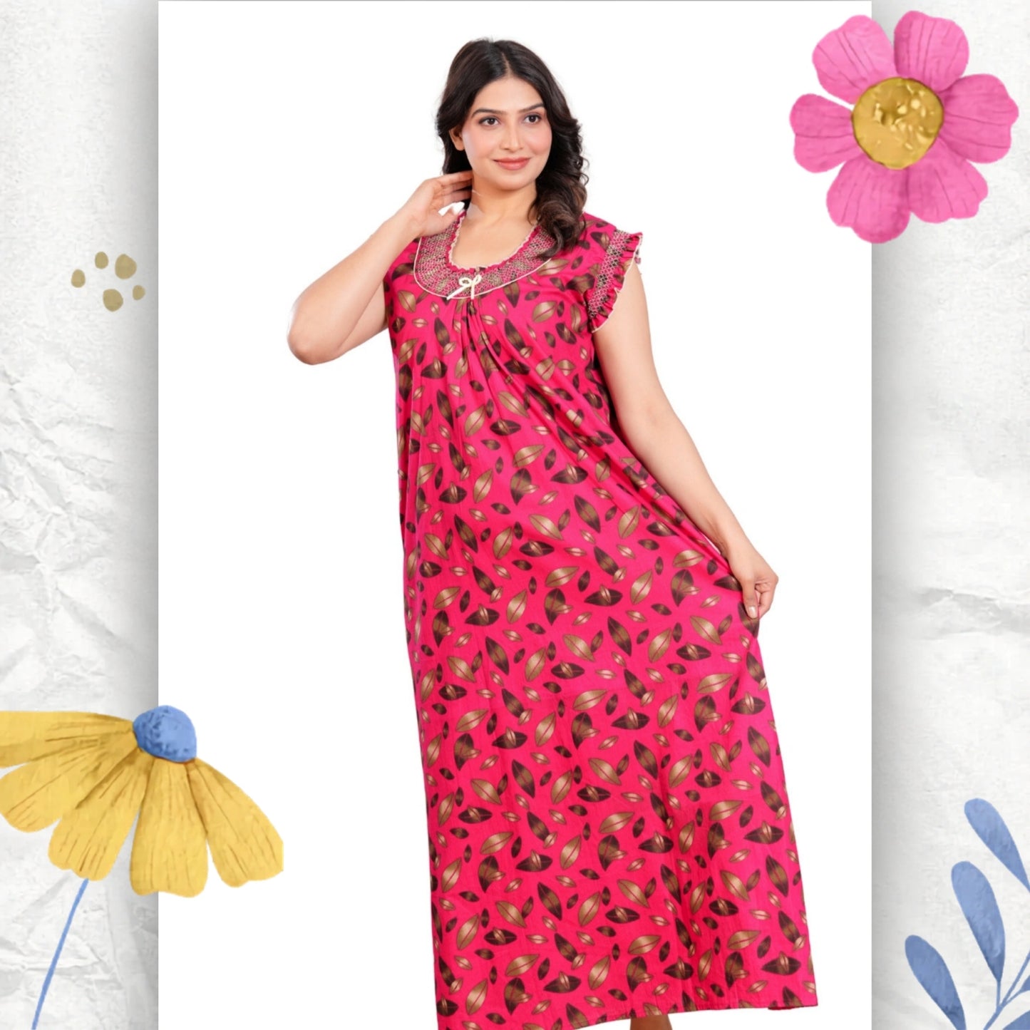 HARGUN NIGHT WEAR Women's Elegant Cotton Nightgown with Pocket & Embroidered Neck Design (Raani Pink, Free Size)