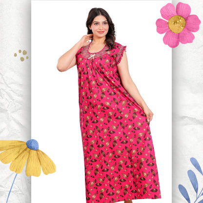 HARGUN NIGHT WEAR Women's Elegant Cotton Nightgown with Pocket & Embroidered Neck Design (Raani Pink, Free Size)