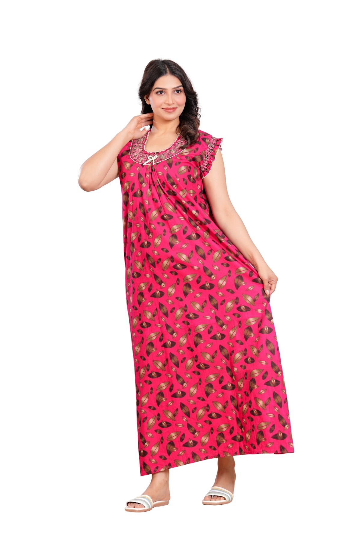 HARGUN NIGHT WEAR Women's Elegant Cotton Nightgown with Pocket & Embroidered Neck Design (Raani Pink, Free Size)