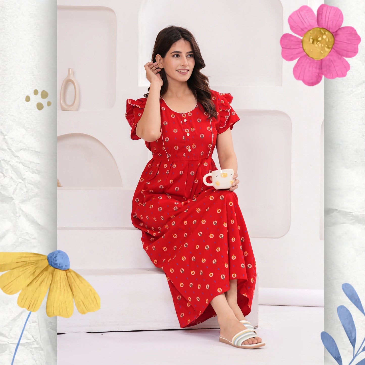 HARGUN NIGHT WEAR Frock Style Cotton Nightgown for Women | Pure Cotton Nighty/Maxi for Women | Pack of 1 (Red, XL) HARGUN NIGHT WEAR Frock Style Cotton Nightgown for Women | Pure Cotton Nighty/Maxi for Women | Pack of 1 (Red, XL)