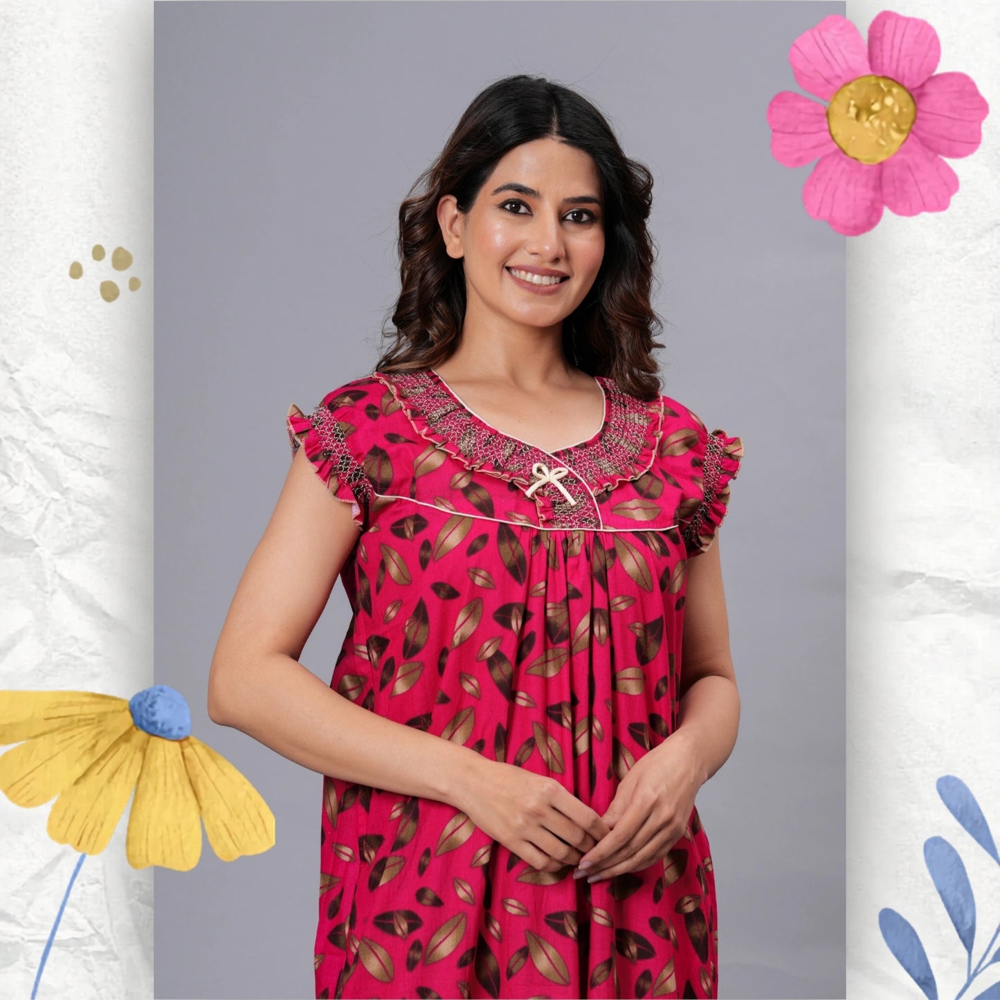 HARGUN Cotton Nightgown, Floral Print, Short Flutter Sleeves, Navy Blue and Gold, Full Length with Pockets (Combo, Free Size)