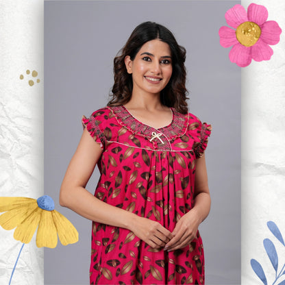 HARGUN Cotton Nightgown, Floral Print, Short Flutter Sleeves, Navy Blue and Gold, Full Length with Pockets (Combo, Free Size)