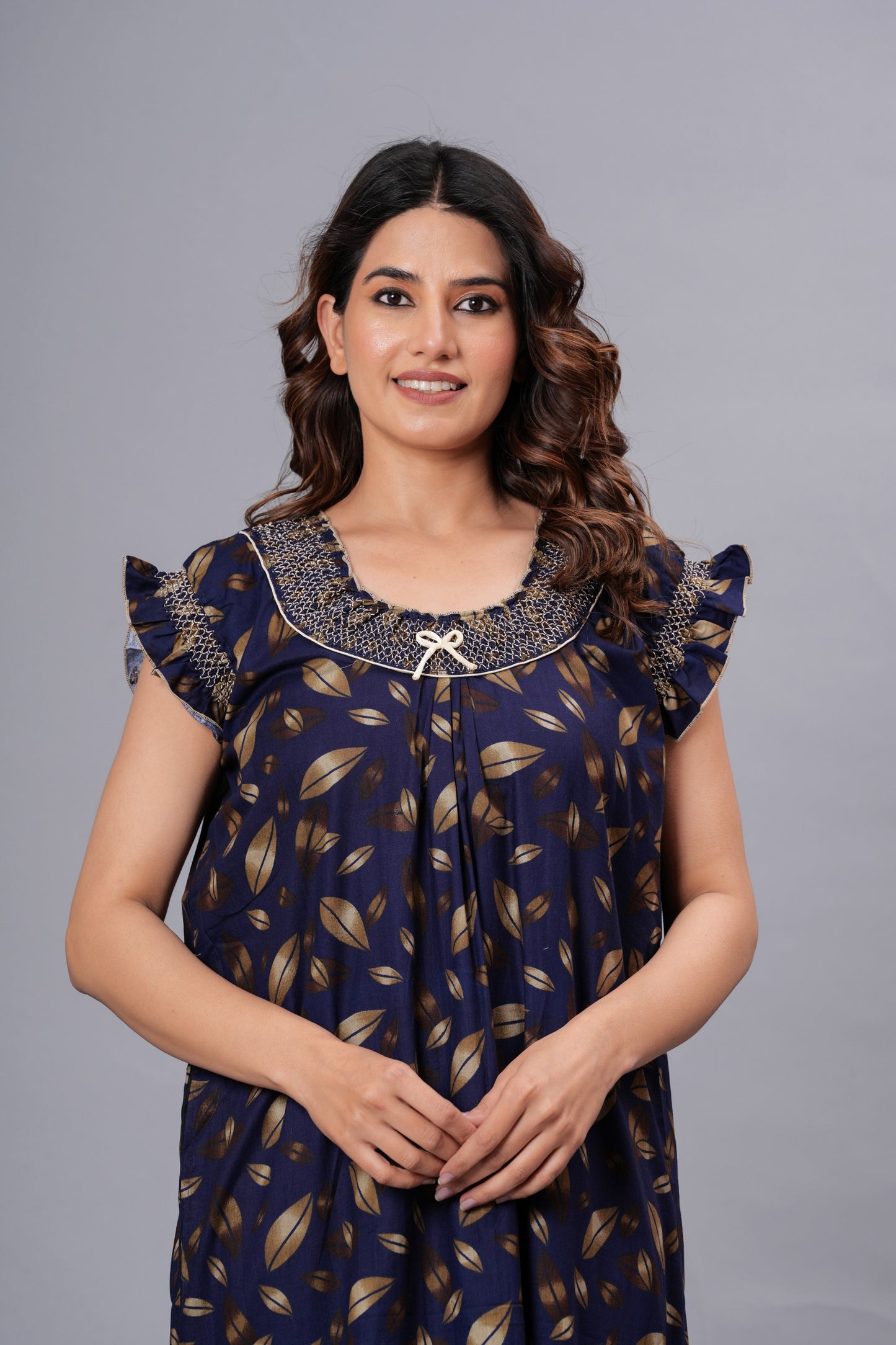 HARGUN Cotton Nightgown, Floral Print, Short Flutter Sleeves, Navy Blue and Gold, Full Length with Pockets (Combo, Free Size)