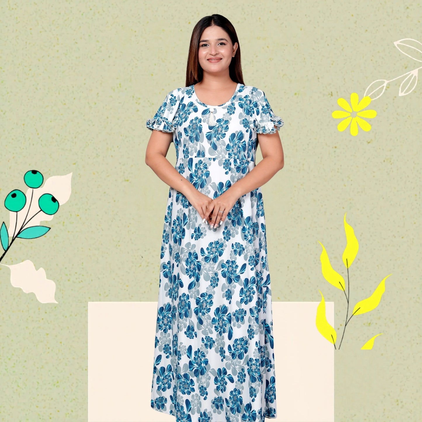 Premium Sarina Frock Style Nightgown for Women – Blue Floral Print, Full Length, Soft & Stylish Sleepwear