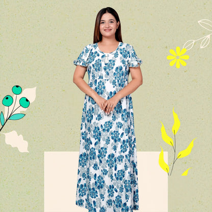 Premium Sarina Frock Style Nightgown for Women – Blue Floral Print, Full Length, Soft & Stylish Sleepwear