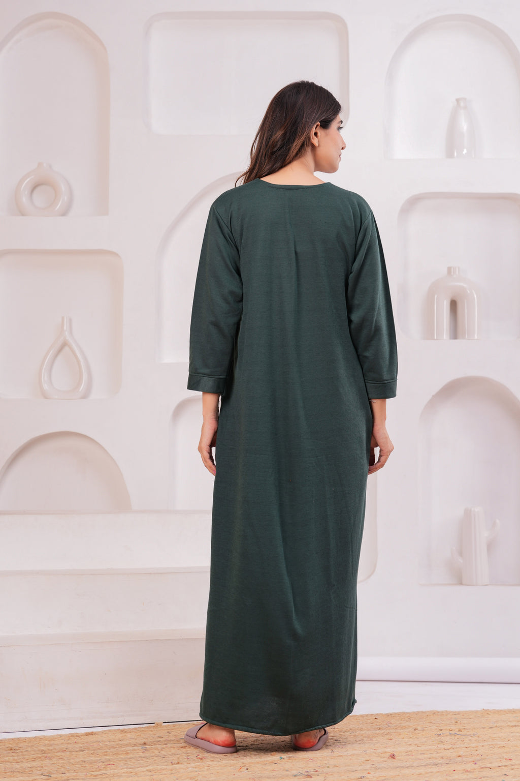 Women’s Winter Fleece Nightgown – Warm & Comfortable Long Nighty with Embroidered Neck | HARGUN Night Wear