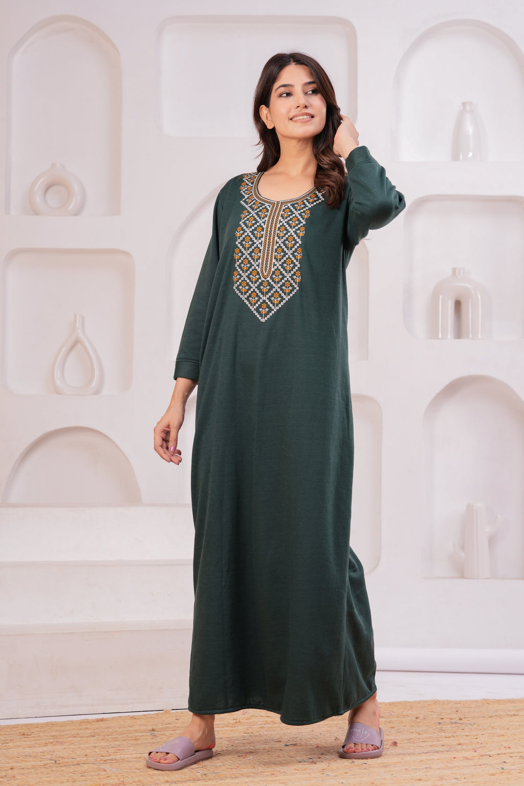 Women’s Winter Fleece Nightgown – Warm & Comfortable Long Nighty with Embroidered Neck | HARGUN Night Wear