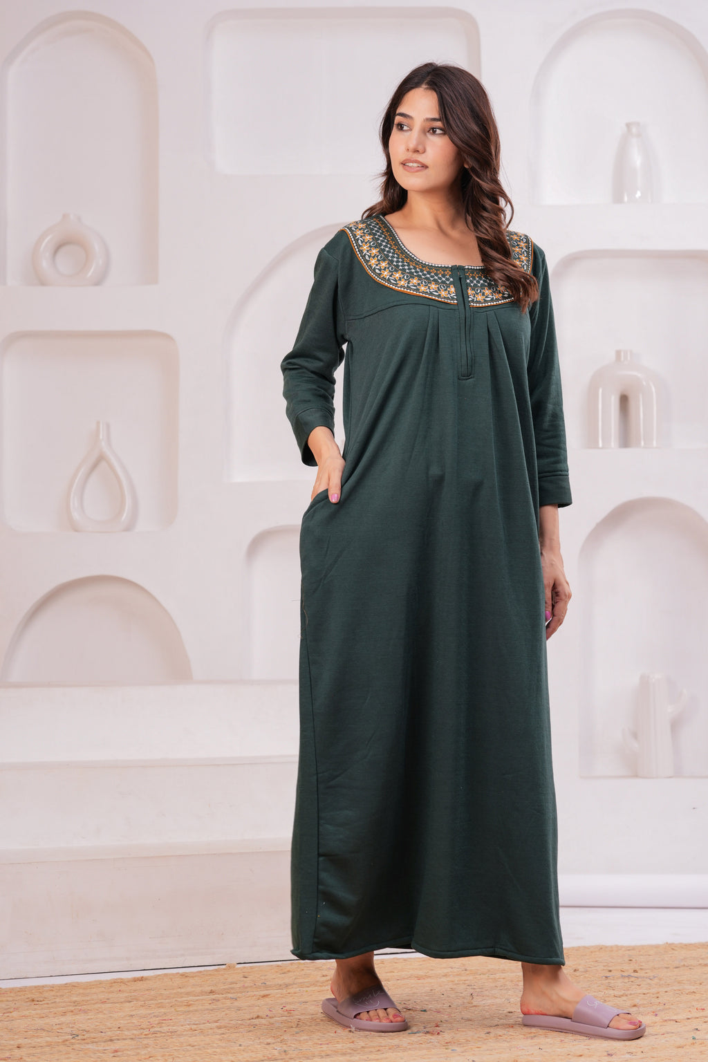 Women’s Winter Fleece Nightgown – Warm & Comfortable Long Nighty with Embroidered Neck | HARGUN Night Wear