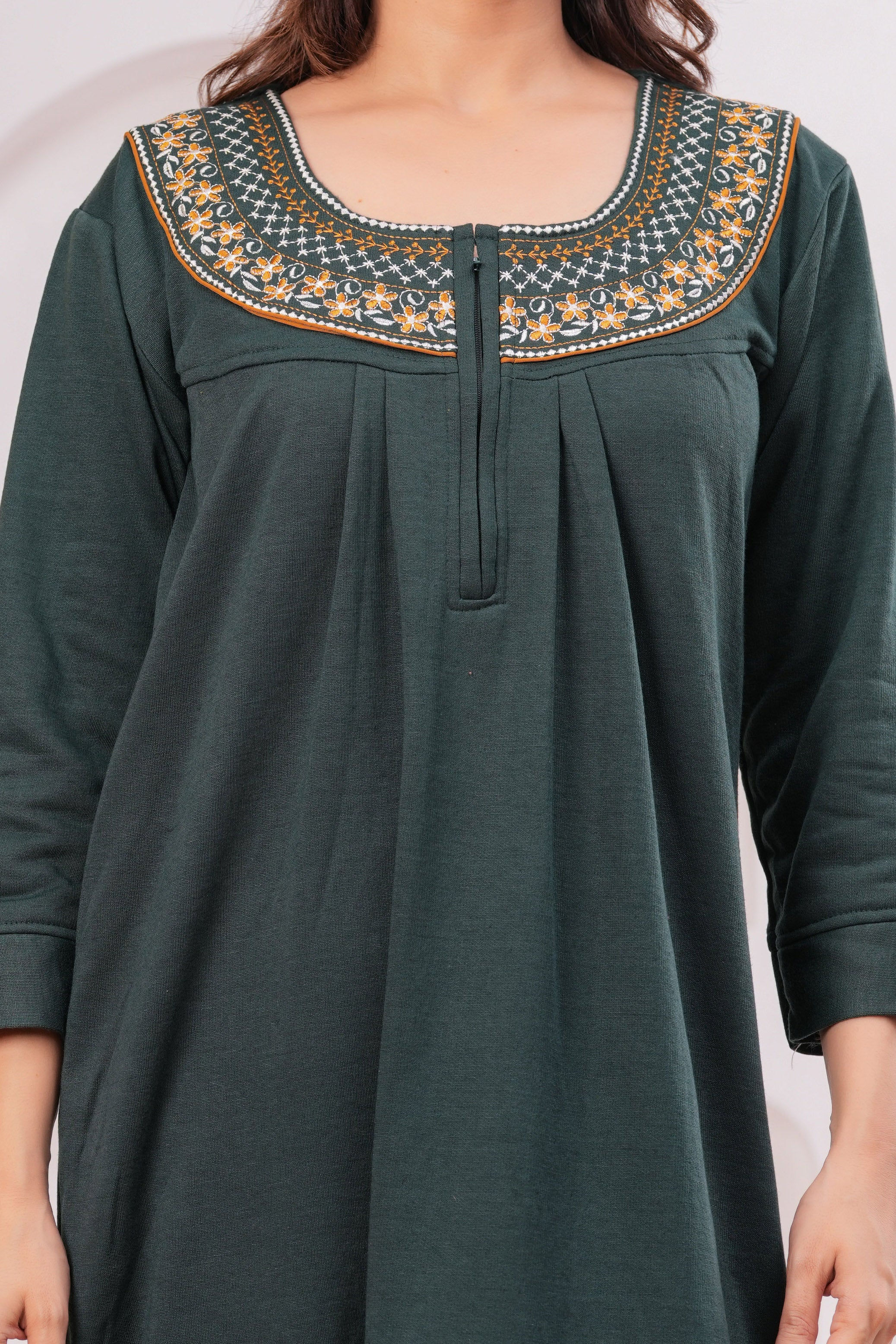 Women’s Winter Fleece Nightgown – Warm & Comfortable Long Nighty with Embroidered Neck | HARGUN Night Wear