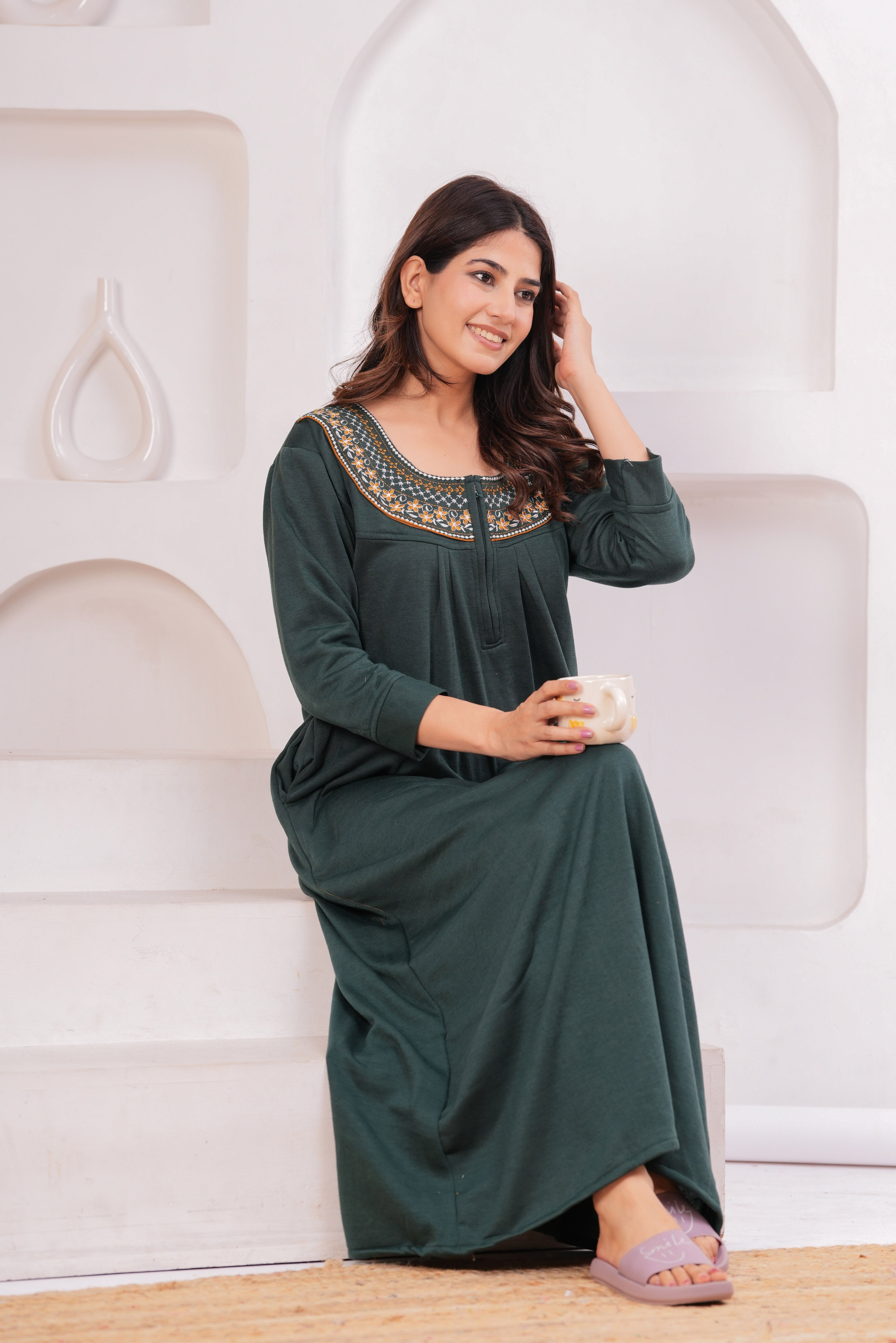 Women’s Winter Fleece Nightgown – Warm & Comfortable Long Nighty with Embroidered Neck | HARGUN Night Wear