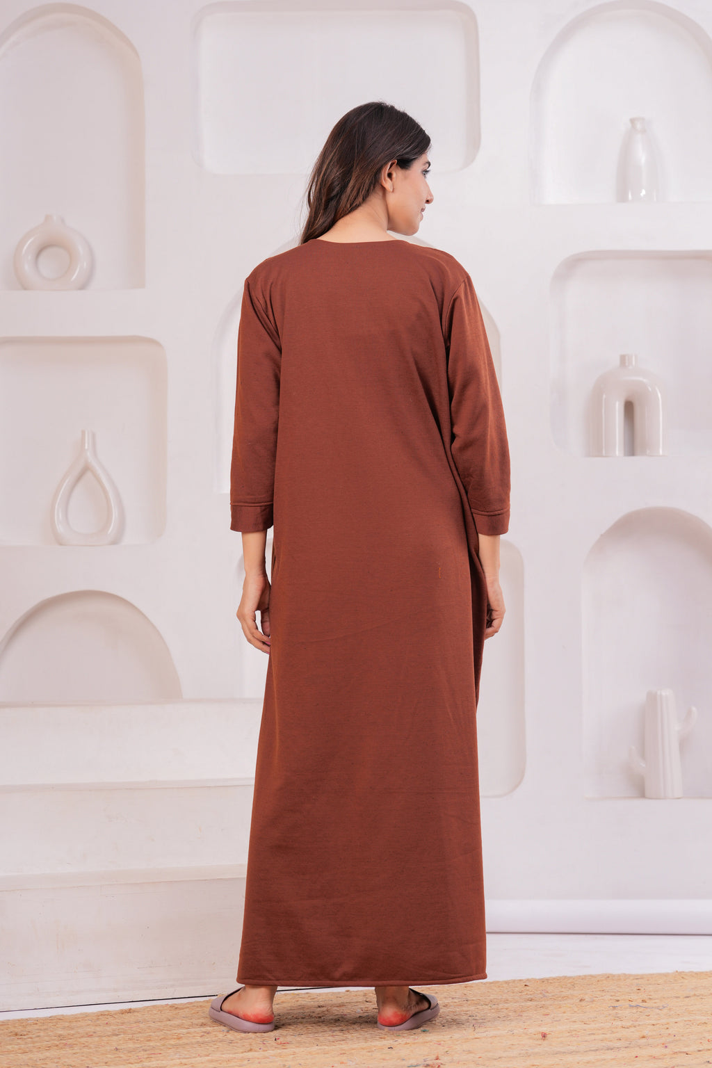 Women’s Winter Fleece Nightgown – Warm & Comfortable Long Nighty with Embroidered Neck | HARGUN Night Wear