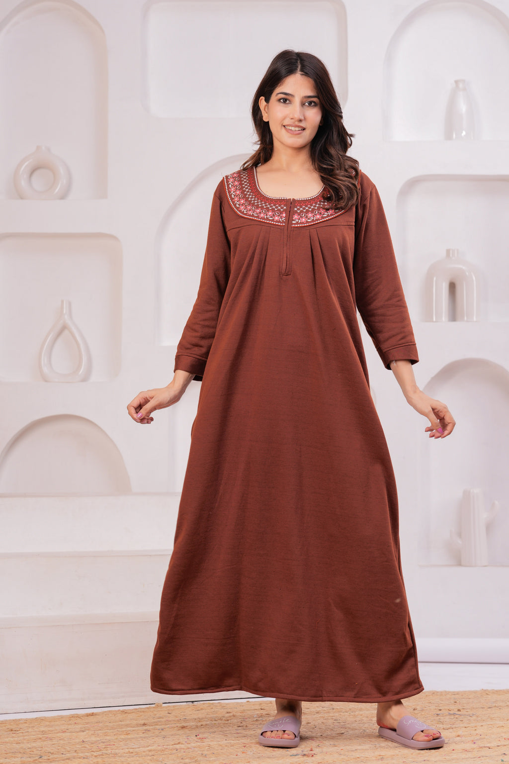 Women’s Winter Fleece Nightgown – Warm & Comfortable Long Nighty with Embroidered Neck | HARGUN Night Wear