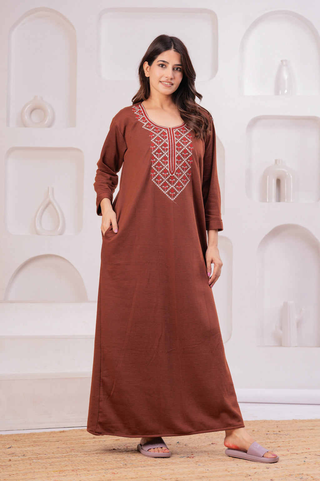 Women’s Winter Fleece Nightgown – Warm & Comfortable Long Nighty with Embroidered Neck | HARGUN Night Wear