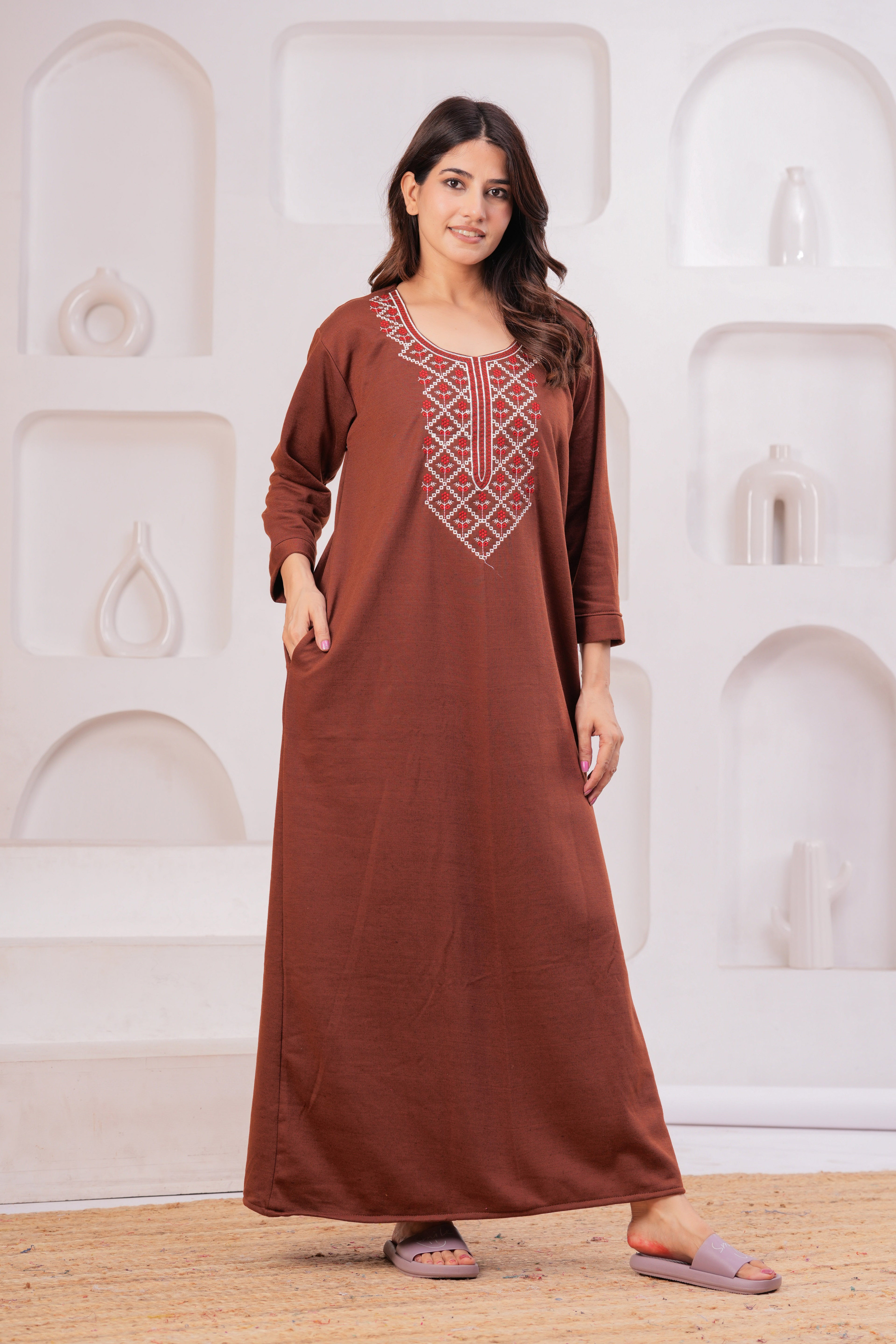 Women’s Winter Fleece Nightgown – Warm & Comfortable Long Nighty with Embroidered Neck | HARGUN Night Wear