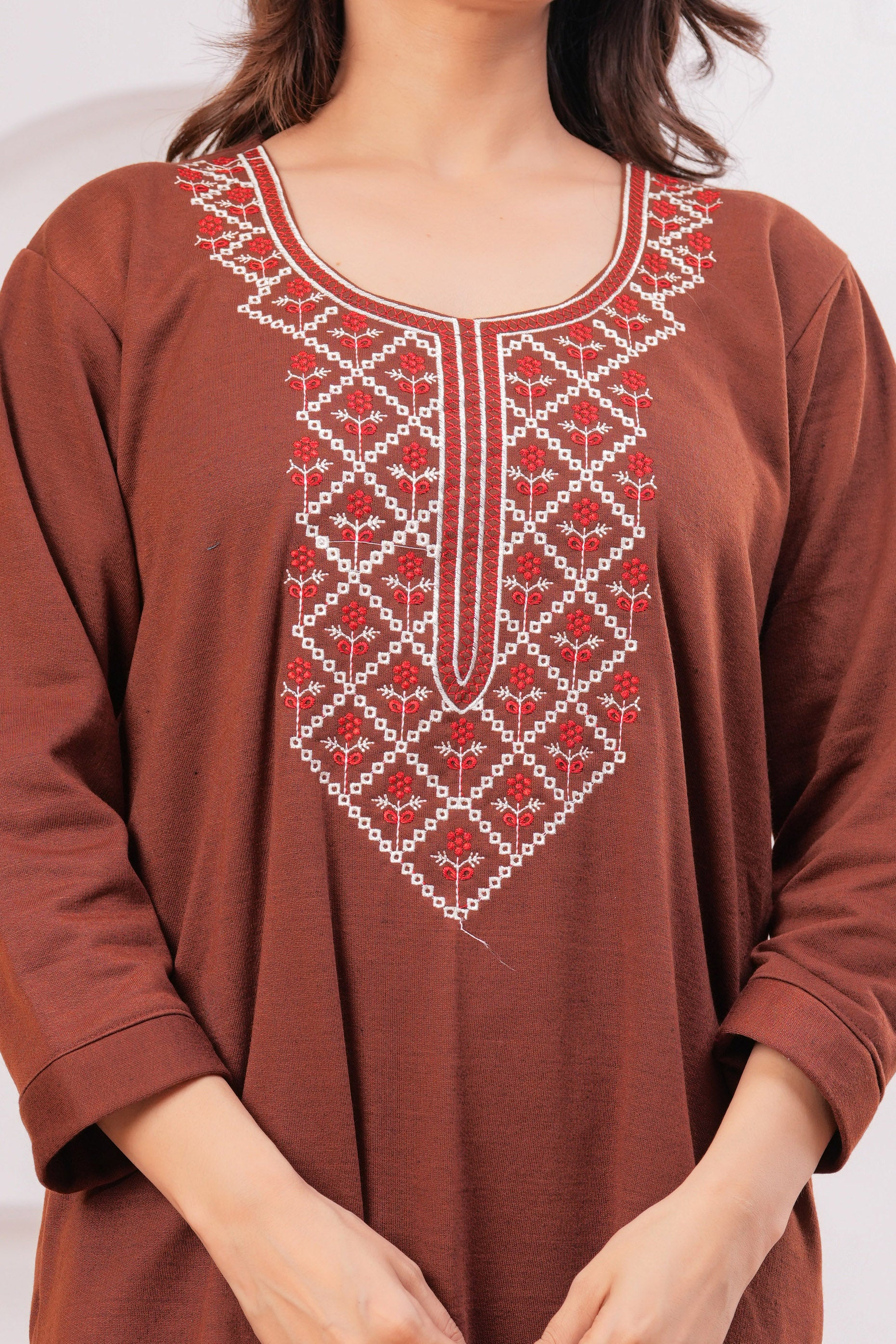 Women’s Winter Fleece Nightgown – Warm & Comfortable Long Nighty with Embroidered Neck | HARGUN Night Wear