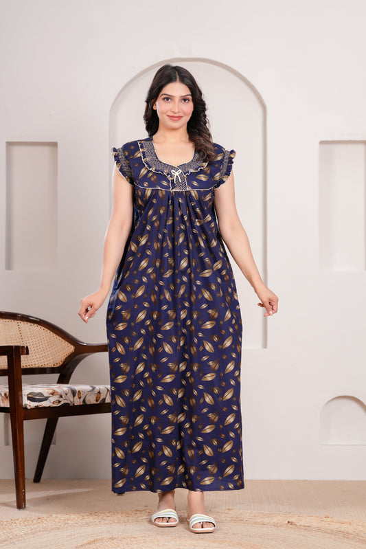 HARGUN NIGHT WEAR Women's Elegant Cotton Nightgown with Pocket & Embroidered Neck Design (Navy Blue, Free Size)