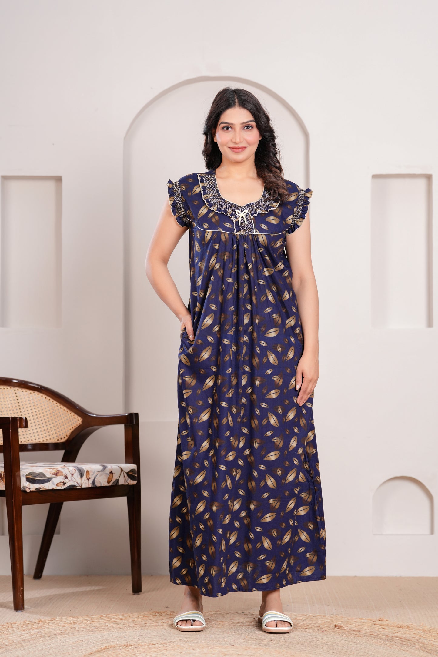 HARGUN NIGHT WEAR Women's Elegant Cotton Nightgown with Pocket & Embroidered Neck Design (Navy Blue, Free Size)