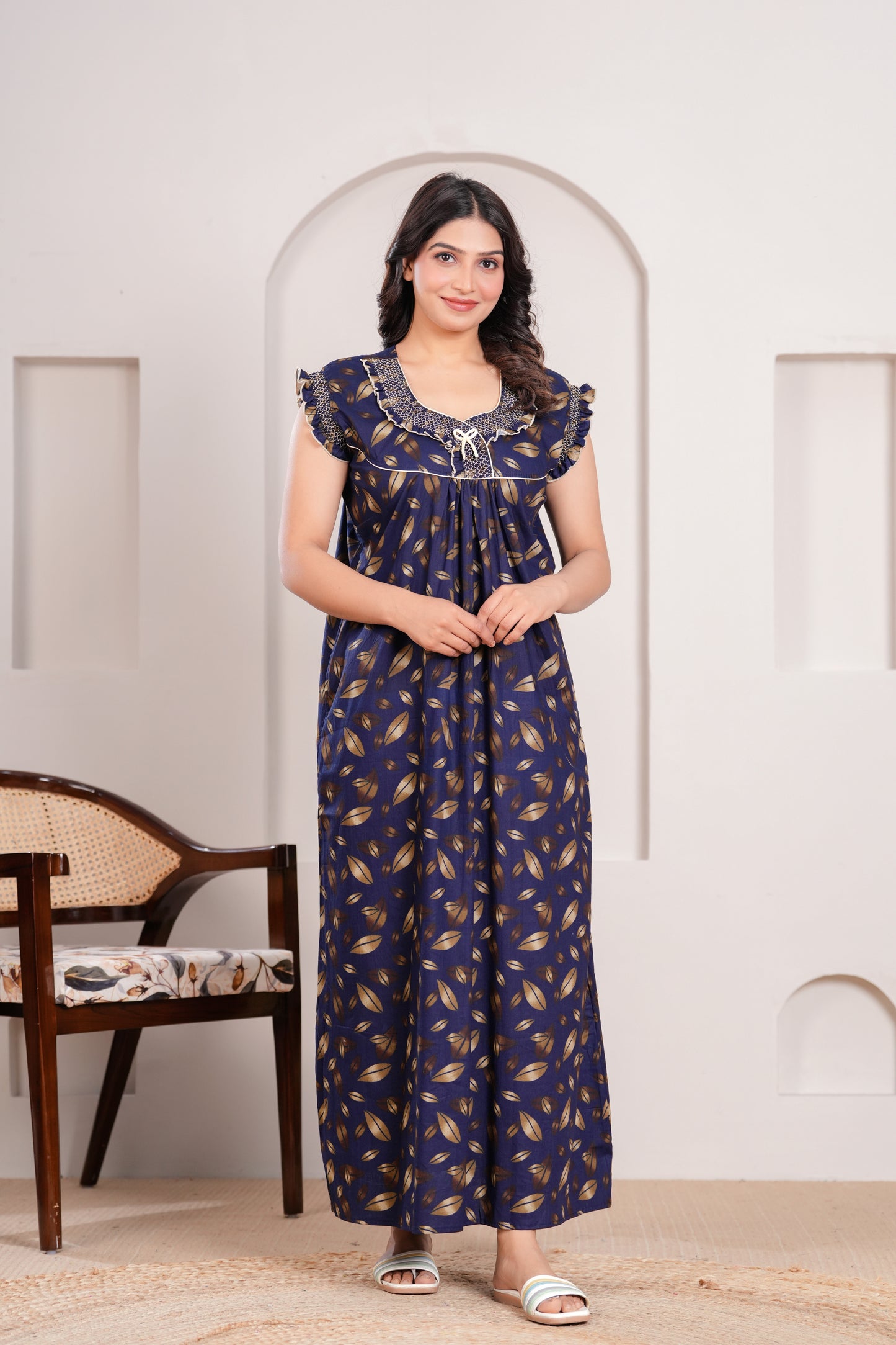 HARGUN NIGHT WEAR Women's Elegant Cotton Nightgown with Pocket & Embroidered Neck Design (Navy Blue, Free Size)