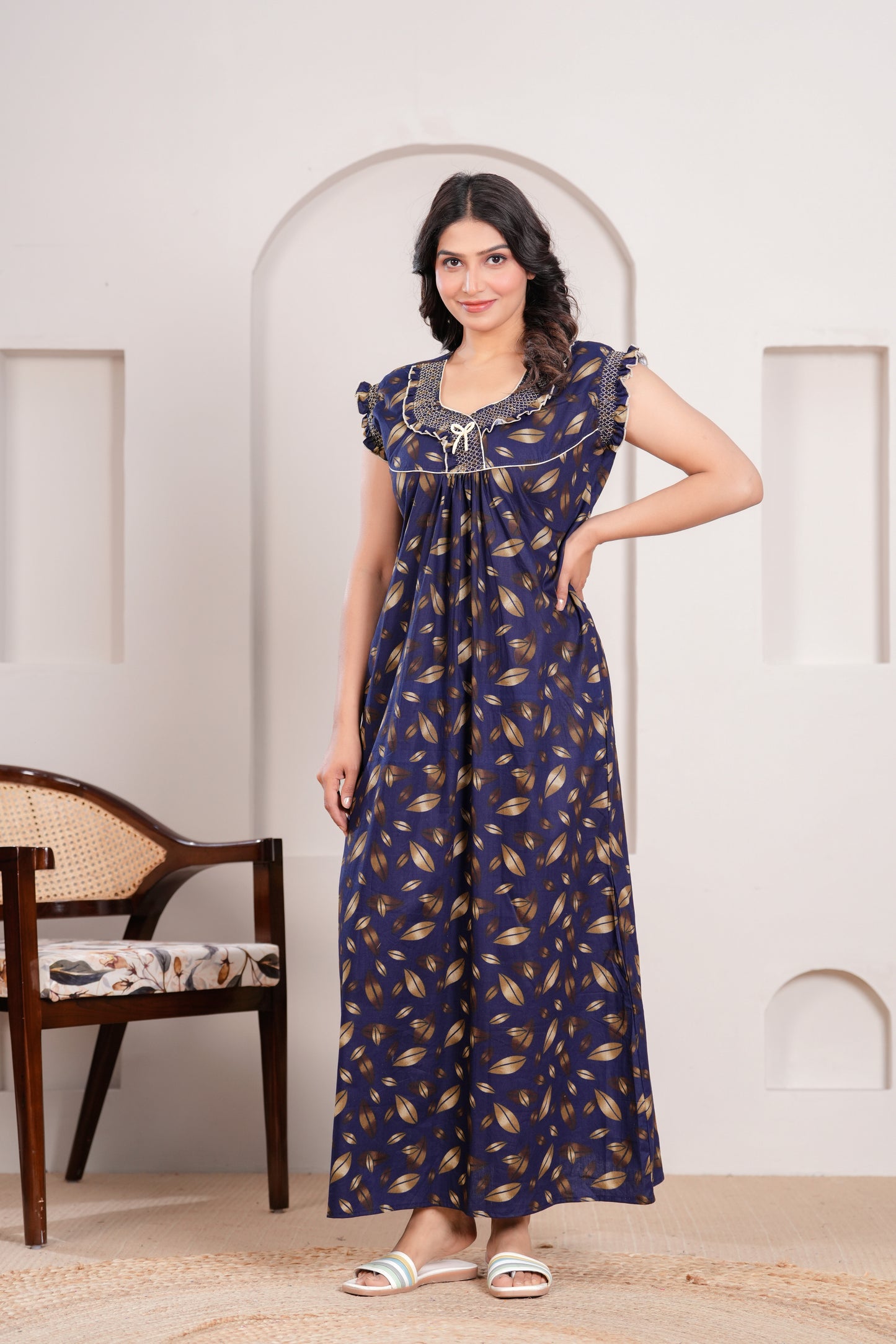 HARGUN NIGHT WEAR Women's Elegant Cotton Nightgown with Pocket & Embroidered Neck Design (Navy Blue, Free Size)